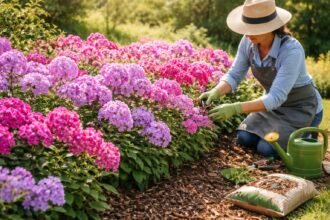 - Phlox-Pflanzen im Garten, dicht blühend, farbenfroh, pflegeleicht, gesund, langlebig und robust wachsend