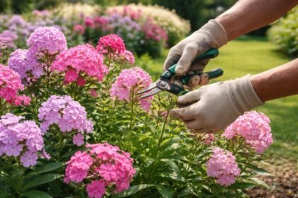 Phlox-Pflanzen im Garten, frischer Sommerschnitt, bunte Blütenpracht, Duft in voller Blüte und gesunder Wuchs