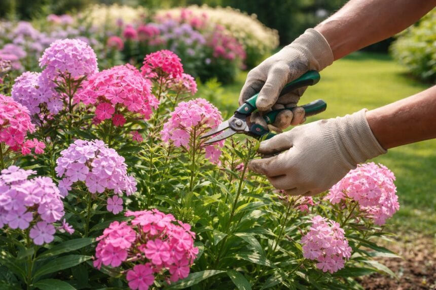 Phlox-Pflanzen im Garten, frischer Sommerschnitt, bunte Blütenpracht, Duft in voller Blüte und gesunder Wuchs