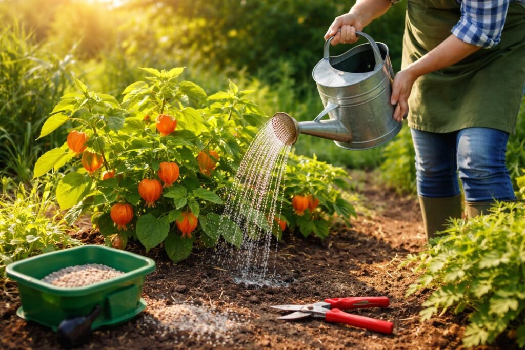 Physalis-Pflanze beim Gießen, Düngen und Schneiden im sonnigen Gartenbeet, Spätsommer