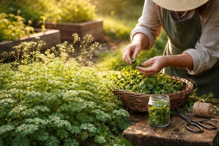 Küchenkraut Pimpinelle im Kräutergarten: pflegeleicht, aromatisch, perfekt für Salate und Getränke.