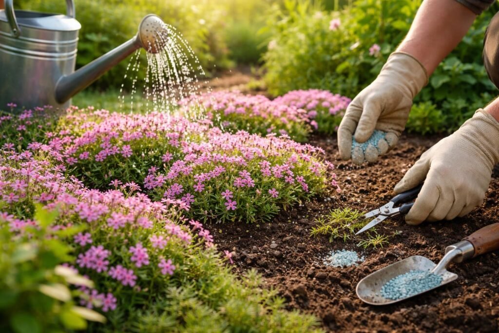 - Polster-Phlox gießt regelmäßig, düngt sparsam und schneidet zurück; frische Triebe sichtbar