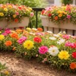 Portulak-Röschen im Beet mit gelben, rosa, orangen Blüten, sonnig platziert.