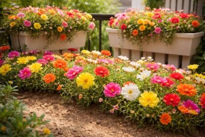 Portulak-Röschen im Beet mit gelben, rosa, orangen Blüten, sonnig platziert.