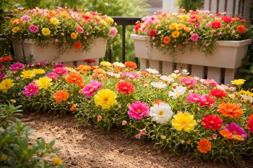 Portulak-Röschen im Beet mit gelben, rosa, orangen Blüten, sonnig platziert.