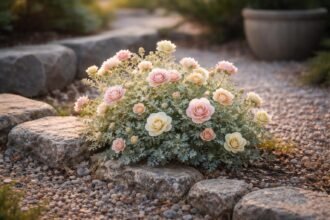 Porzellanröschen mit zarten Blüten im Beet, Steingarten und Kübel, pflegeleicht.