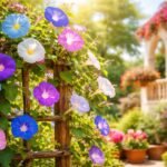 - Prunkwinde Ipomoea tricolor rankt elegant an Zäunen und Balkonen, farbenfroh.