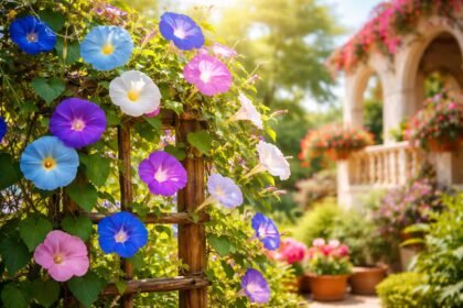 - Prunkwinde Ipomoea tricolor rankt elegant an Zäunen und Balkonen, farbenfroh.