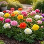 Ranunkelblüten in Weiß, Gelb, Rosa auf Balkon und Beet strahlen lebendig.