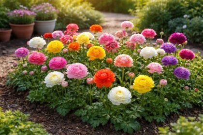 Ranunkelblüten in Weiß, Gelb, Rosa auf Balkon und Beet strahlen lebendig.