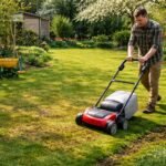 - Frisch vertikutierter, gedüngter Rasen nach dem Winter; Moos reduziert, kahle Stellen schließen.