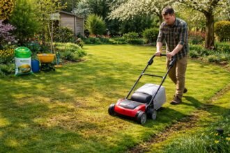 - Frisch vertikutierter, gedüngter Rasen nach dem Winter; Moos reduziert, kahle Stellen schließen.