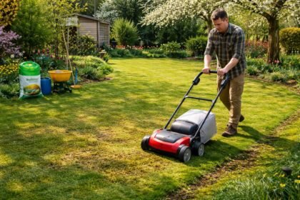 - Frisch vertikutierter, gedüngter Rasen nach dem Winter; Moos reduziert, kahle Stellen schließen.