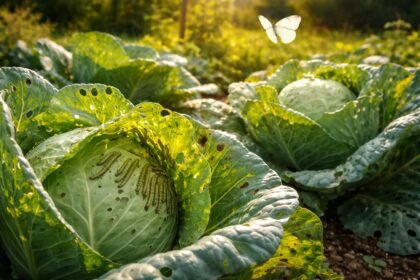 Raupen des Kohlweißlings kriechen über Kohlblätter im Garten, bedrohen Pflanzen.