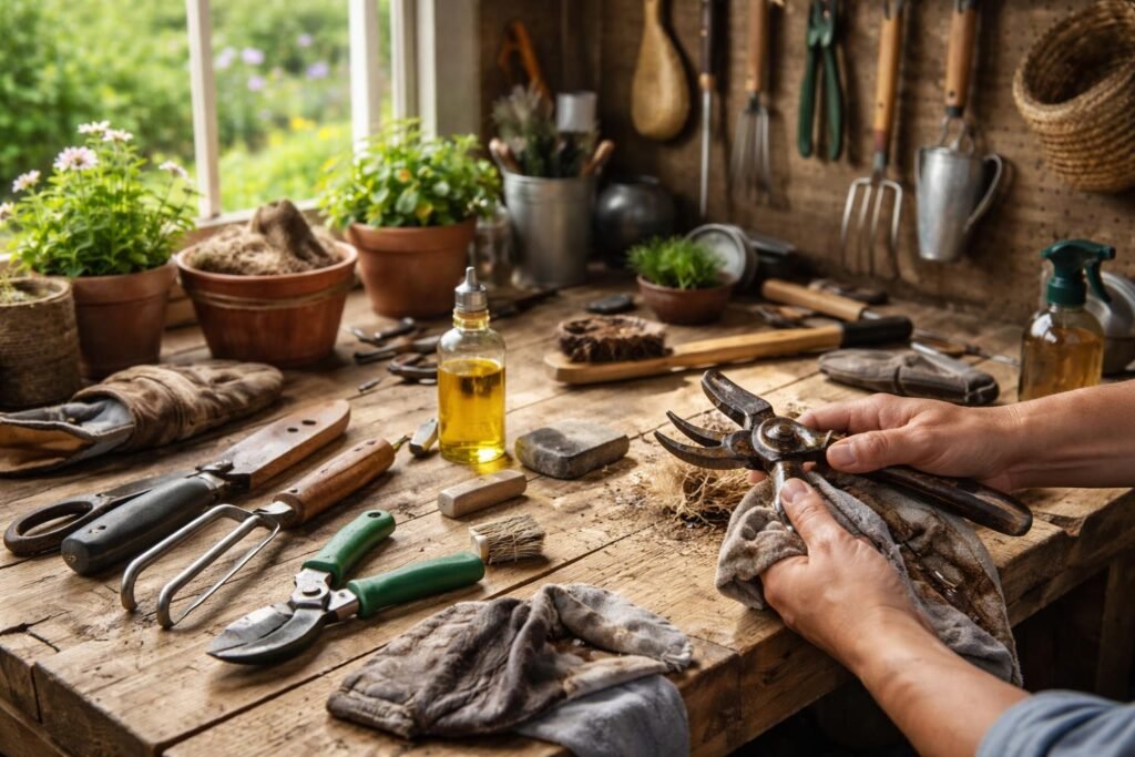 Gartengerät im Frühjahrscheck; Reinigung, Pflege und Reparaturen demonstriert, für eine saubere Gartensaison.