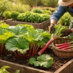 Rhabarberpflanze im Frühling im Garten, frisches Grün und neue Stängel