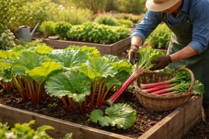 Rhabarberpflanze im Frühling im Garten, frisches Grün und neue Stängel