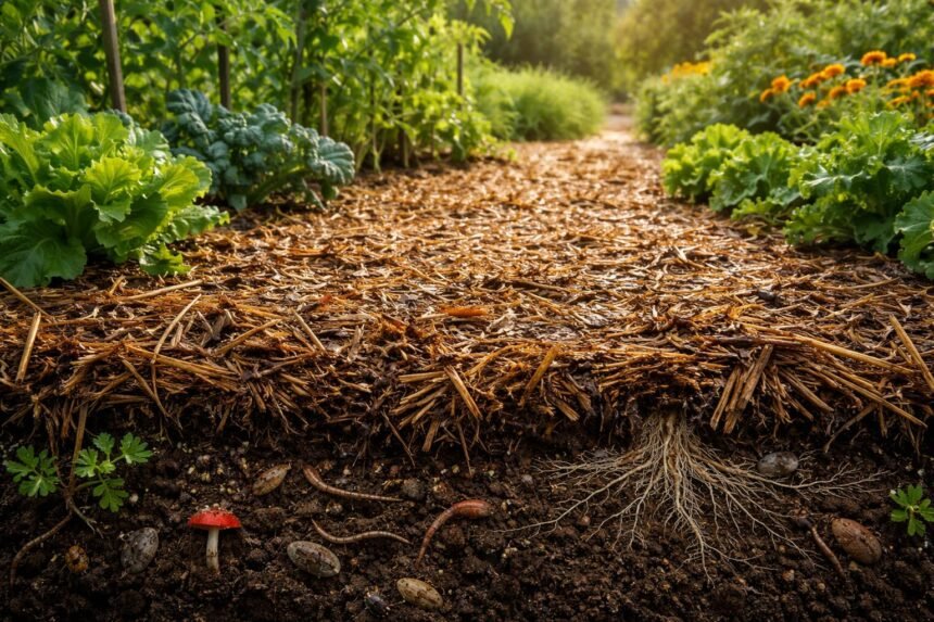 Mulchschicht schützt Boden vor Verdunstung und erhält Bodenfeuchte durch gleichmäßige Feuchtigkeit im Wurzelbereich.