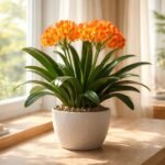 Riemenblüte Clivia mit leuchtenden Blütenständen und riemenförmigen Blättern in einem hellen Zimmer, Frühjahrsaura, exotischer Charme