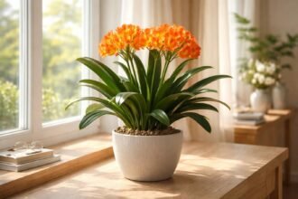 Riemenblüte Clivia mit leuchtenden Blütenständen und riemenförmigen Blättern in einem hellen Zimmer, Frühjahrsaura, exotischer Charme