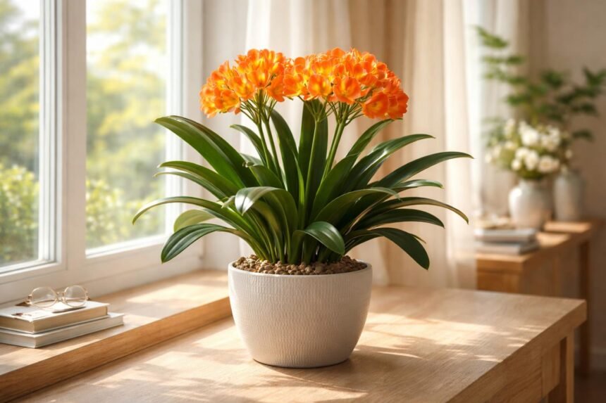 Riemenblüte Clivia mit leuchtenden Blütenständen und riemenförmigen Blättern in einem hellen Zimmer, Frühjahrsaura, exotischer Charme