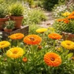 Calendula im Beet, gelb-orange Blüten, Nützlinge lockend, vielseitig heilend, aromatisch.