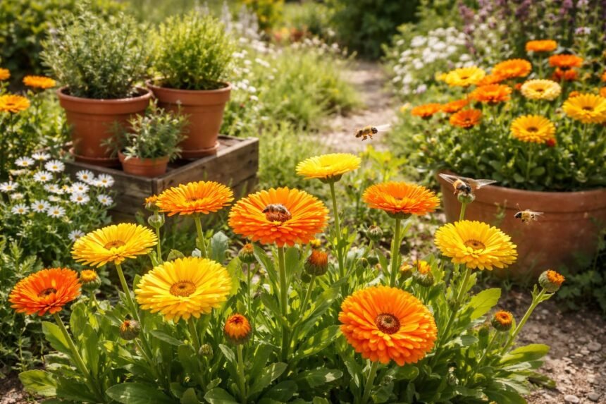 Calendula im Beet, gelb-orange Blüten, Nützlinge lockend, vielseitig heilend, aromatisch.