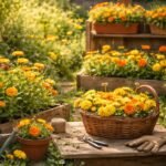 - Gelbe Ringelblumen stehen im Beet, unkompliziert, pflegeleicht, farbenfroh und vielseitig nutzbar.