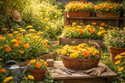 - Gelbe Ringelblumen stehen im Beet, unkompliziert, pflegeleicht, farbenfroh und vielseitig nutzbar.