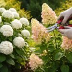 Nahaufnahme einer Rispenhortensie oder Schneeballhortensie beim fachgerechten Rückschnitt im Garten