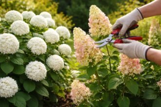 Nahaufnahme einer Rispenhortensie oder Schneeballhortensie beim fachgerechten Rückschnitt im Garten