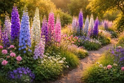 - Rittersporn in Blau und Violett als Blickfang im Beet.