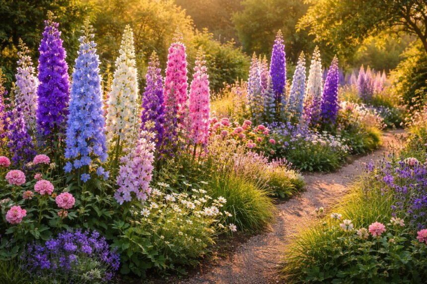 - Rittersporn in Blau und Violett als Blickfang im Beet.