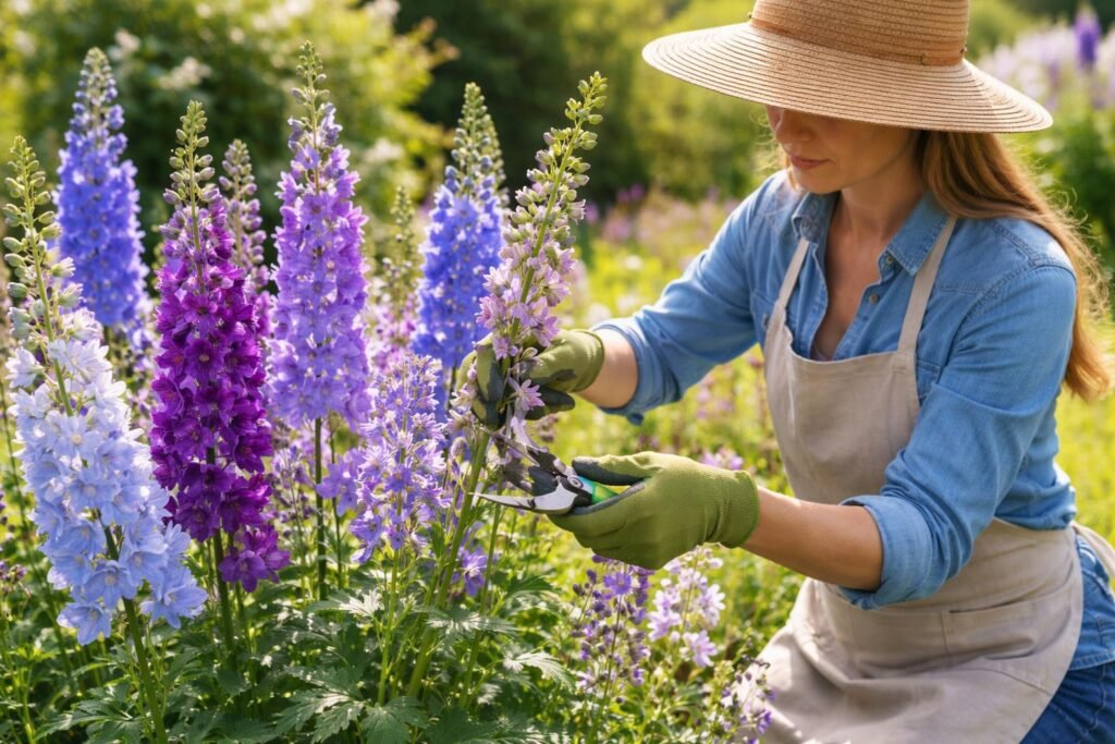 - Rittersporn beim Schnitt zur Förderung der zweiten Blüte im Gartenjahr