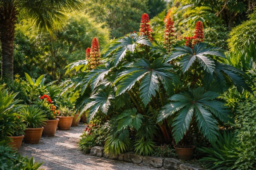 - Großblättriger Rizinus präsentiert sich als exotische Zierpflanze mit auffälligem Wuchs und warnender Giftigkeit.