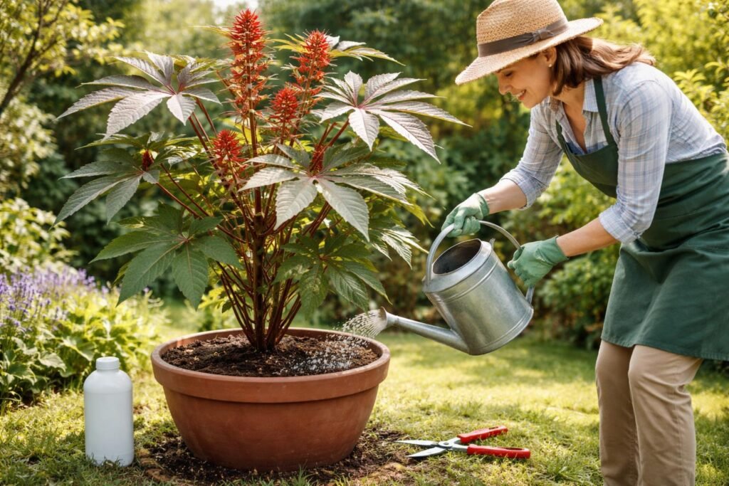 - Rizinusstrauch beim Gießen, Düngen und Schnitt im sonnigen Garten unter heiterem Sommerlicht