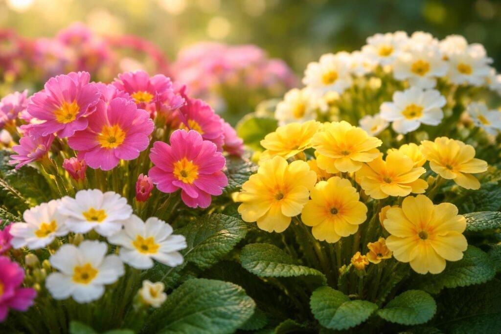 - Rosenprimeln mit leuchtenden Blüten tragen warme Frühlingsfarben im Garten und bieten Anblick für Bienen.