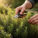 Nahaufnahme einer Rosmarinpflanze im April mit frischen Trieben und Wachstumsimpulsen