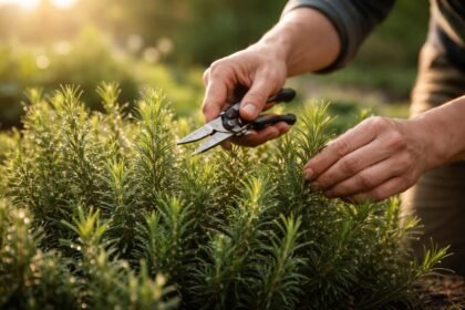 Nahaufnahme einer Rosmarinpflanze im April mit frischen Trieben und Wachstumsimpulsen