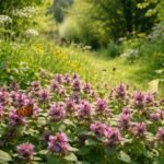 Rote Taubnessel blüht im naturnahen Garten zwischen Beeten und Rasenkanten.