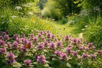 Rote Taubnessel blüht im naturnahen Garten zwischen Beeten und Rasenkanten.
