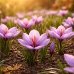 - Safran-Krokus blüht im Garten, violette Blüten und rote Safranfäden, ergiebig im Herbst.