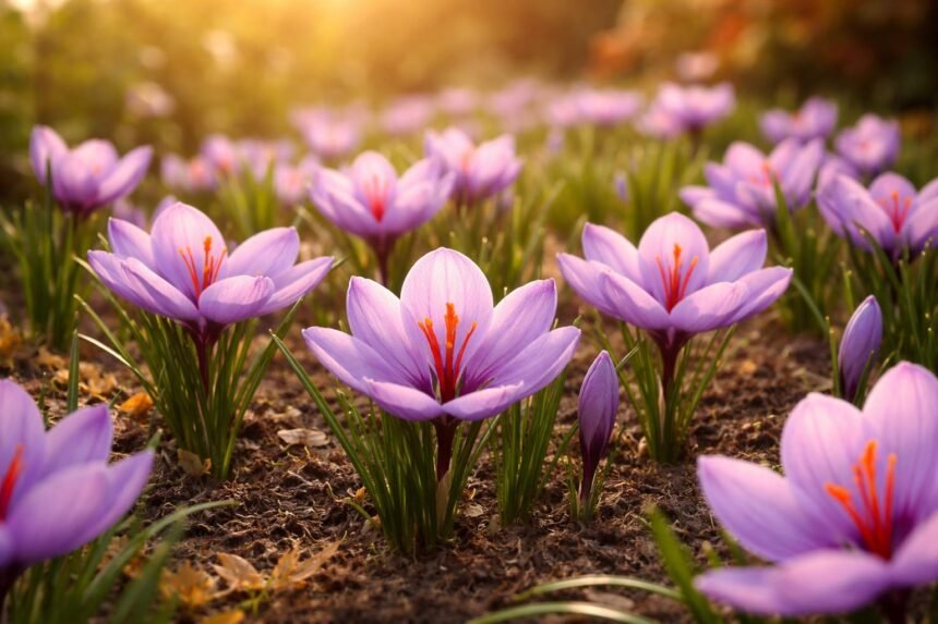 - Safran-Krokus blüht im Garten, violette Blüten und rote Safranfäden, ergiebig im Herbst.
