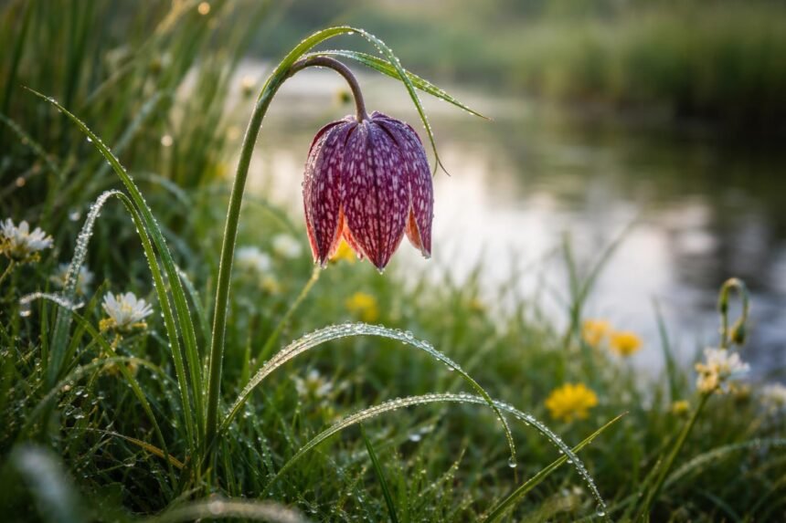 Schachbrettblume mit kariertem Blütenmuster, feuchtem Beet am Teichrand, frühlingsfrisch und zart