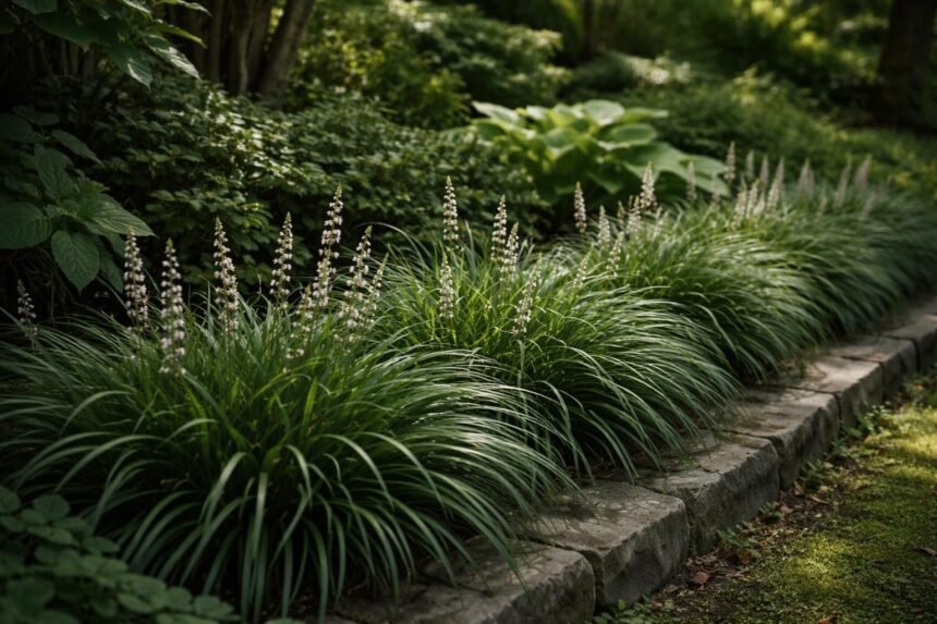 - Schlangenbart im Halbschatten mit grasigem Laub und zurückhaltender Blüte als ruhige Beetstruktur