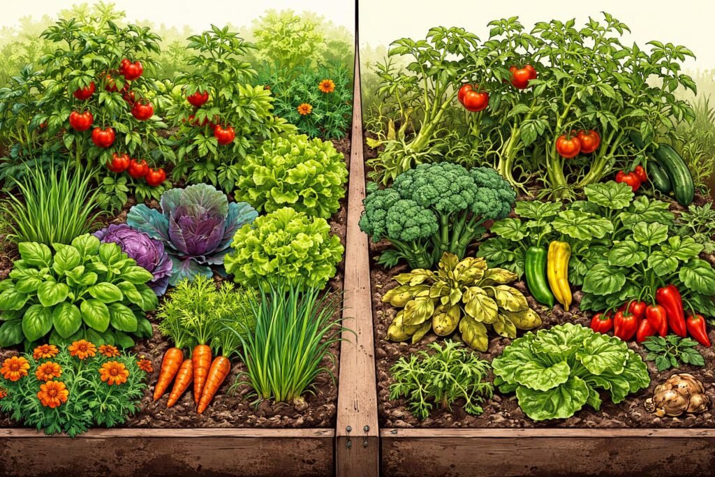 Gemüsebeet-Illustration mit Partnerpflanzen, Komposthaufen und Schildchen, die schlechte Beetpartner markieren.