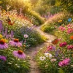 Bunter Schmetterlingsgarten mit blühenden Pflanzen, summenden Insekten und fliegenden Faltern