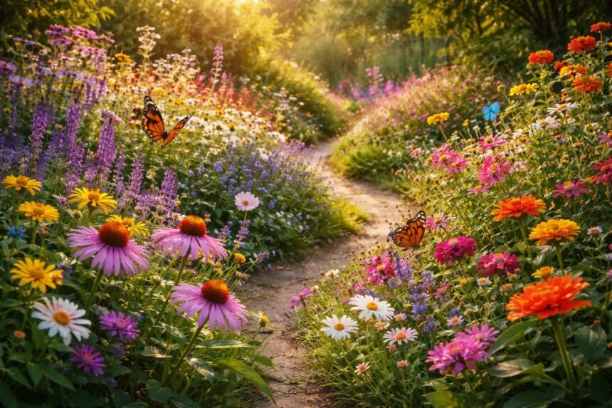 Schmetterlingsgarten: Diese Pflanzen locken Falter an Bunter Schmetterlingsgarten mit blühenden Pflanzen, summenden Insekten und fliegenden Faltern