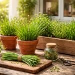 Frischer Schnittlauch im Garten, Halme leuchtend grün, Balkonpflanzen in Töpfen daneben, Sonnenlicht