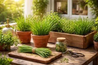 Frischer Schnittlauch im Garten, Halme leuchtend grün, Balkonpflanzen in Töpfen daneben, Sonnenlicht
